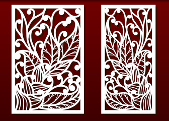 Laser cut panels with floral pattern. Die templates, cut-out for wood or metal decor or fretwork, card engraving stencil. Vector set.