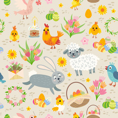 Easter seamless pattern. Holiday vintage background with cartoon Easter symbol.