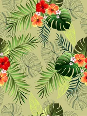 Fotobehang Trendy vector pattern in tropical style. Seamless botanical print for textile, print, fabric on hand drawn background. © Logunova  Elena