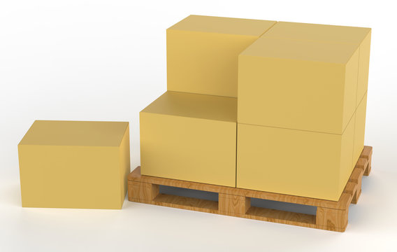 stack of four boxes mock up on euro pallet in white background. 3d illustration 