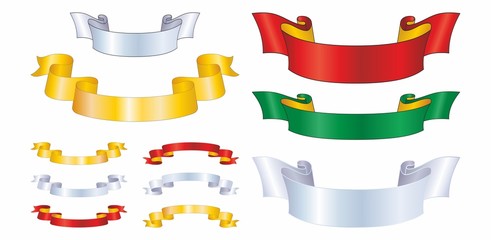 Obraz premium Vector set of Vintage Banner Ribbon. Red Shiny Scroll Frame Template. Festive colorful tag design award of gift illustration collection