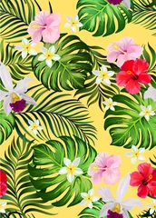 Foto op Aluminium Trendy vectorpatroon in tropische stijl. Naadloze botanische print voor textiel, print, stof op de hand getekende achtergrond. © Logunova  Elena