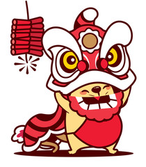 Cartoon cute rat playing lion dance with Chinese New Year  firecracker isolated  -  vector 