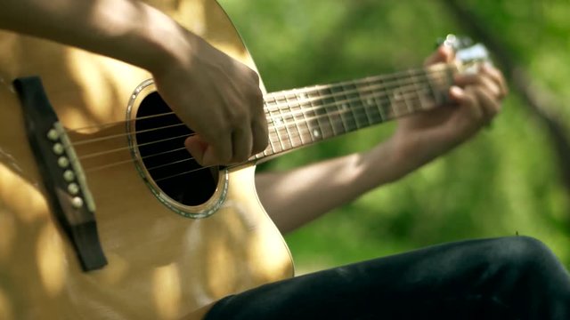 The guy plays the guitar in the park. A man plays a classic guitar in nature. Beautiful green garden in the summer and spring.