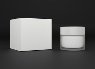 Realistic cream bottle with box mockup. Cream container and cardboard template. Cosmetics for face, skin, beauty. Cosmetic container with white cap on black background.