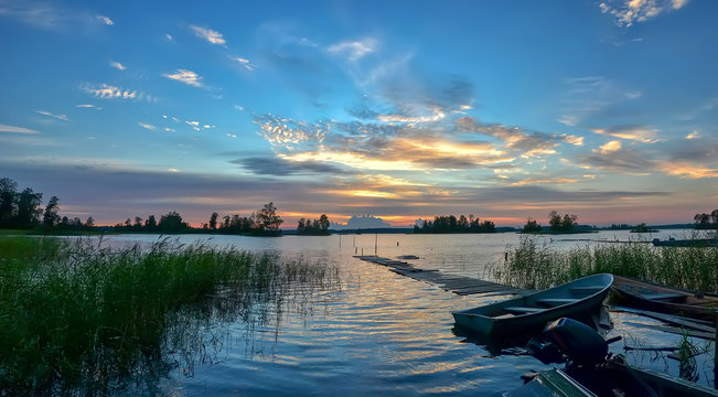 Colorful sunset on lake Vuoksa in the Leningrad region