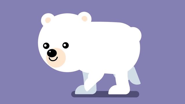 100 baby animals. Walk cycle of a cute baby white polar bear. 2D animation made in 4K, loopable clip with alpha channel. Isolated