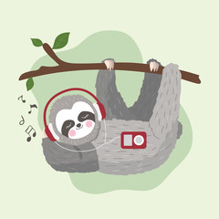 A cute sloth listening to music illustration - 280586220