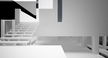 Abstract architectural white and black gloss interior of a minimalist house with large windows.. 3D illustration and rendering.