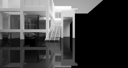 Abstract architectural white and black gloss interior of a minimalist house with large windows.. 3D illustration and rendering.