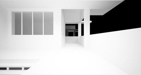 Abstract architectural white and black gloss interior of a minimalist house with large windows.. 3D illustration and rendering.