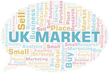 Uk Market word cloud. Vector made with text only.