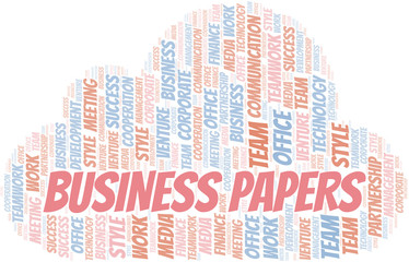 Business Papers word cloud. Collage made with text only.