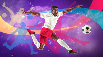 Fototapeta na wymiar Male football or soccer player emotional while playing. Sportsmen attacking, fighting for the goal. Creative colorful collage. Movement, action, motion, sport and healthy lifestyle.