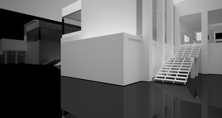 Abstract architectural white and black gloss interior of a minimalist house with large windows.. 3D illustration and rendering.