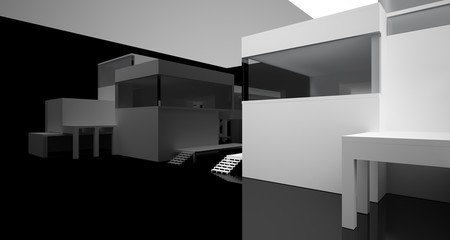 Abstract architectural white and black gloss interior of a minimalist house with large windows.. 3D illustration and rendering.