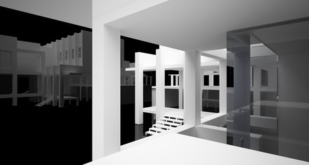 Abstract architectural white and black gloss interior of a minimalist house with large windows.. 3D illustration and rendering.