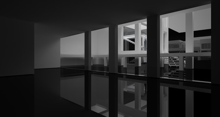 Abstract architectural white and brown gloss interior of a minimalist house with large windows.. 3D illustration and rendering.