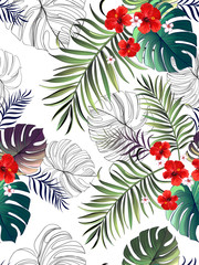 Tropical exotic flowers hibiscus, frangipani and palm leaves background. Trendy composition. Vector seamless pattern on the white background