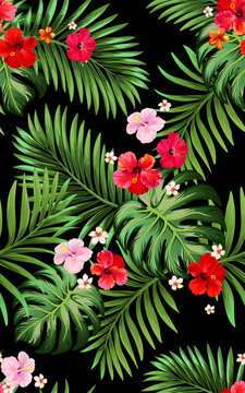 Trendy vector pattern in tropical style. Seamless botanical print for textile, print, fabric on dark background. Summer pattern for textile design. © Logunova Elena