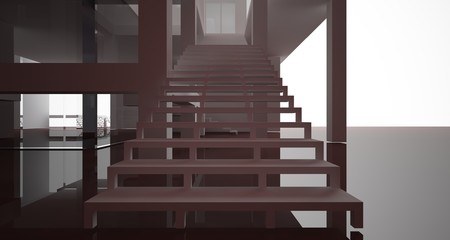 Abstract architectural white and brown gloss interior of a minimalist house with large windows.. 3D illustration and rendering.