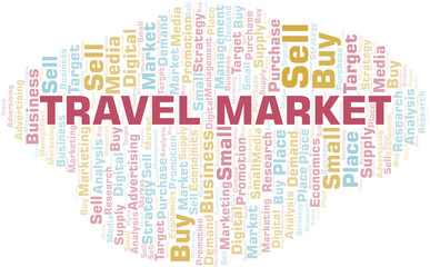 Travel Market word cloud. Vector made with text only.