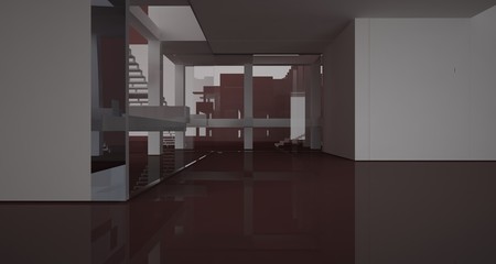Abstract architectural white and brown gloss interior of a minimalist house with large windows.. 3D illustration and rendering.