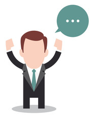 Vector cartoon businessman with raised handa and speech bubble. Avatar character vector illustration design. Isolated on white background.