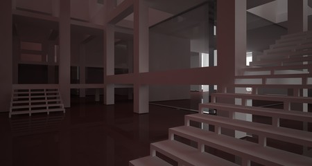 Fototapeta premium Abstract architectural white and brown gloss interior of a minimalist house with large windows.. 3D illustration and rendering.