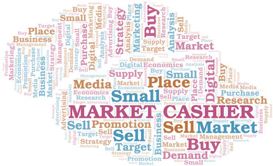 Market Cashier word cloud. Vector made with text only.