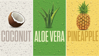 many fresh juice drops background with coconut, pineapple, aloe vera - 280590009