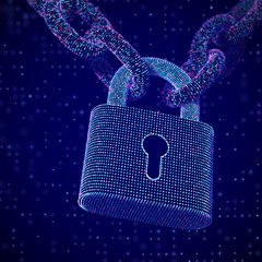 The concept of digital security and data protection: a closed lock on the chain on dark background. Secure storage of personal data. Security of business operations. EPS 10, vector illustration.