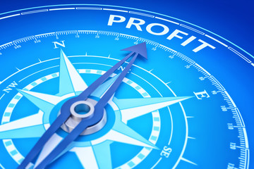 Profit as business strategy concept and marketing goal of management productivity, blue background with a compass pointing to the target