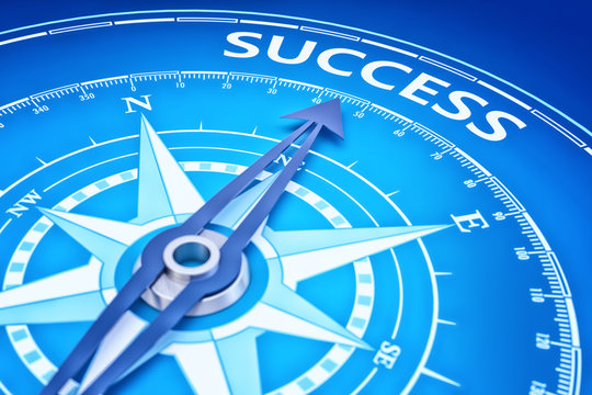 Success as business strategy concept and marketing goal of management productivity, blue background with a compass pointing to the target