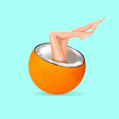 Freshness and weightless. Coconut inside and orange outside with female legs on blue background. Negative space. Modern design. Contemporary art. Creative conceptual and colorful collage.