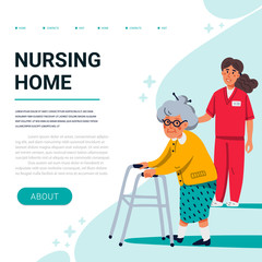 Nursing home web banner template. Old lady with paddle walker and young nurse. Senior people healthcare assistance. Flat style Vector illustration.
