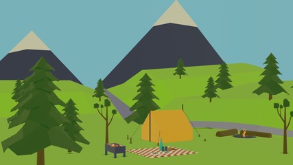 Low poly trekking in the mountains. Camping with a tent, steaks on the coals, a picnic, a fire. Day