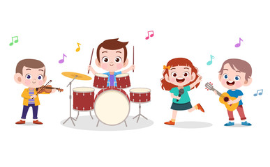 Cartoon little kids playing music vector