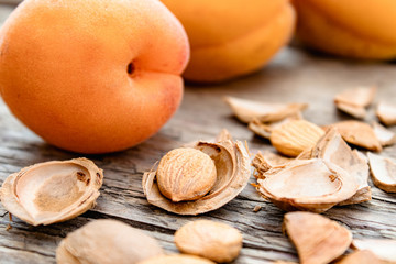 Apricot and apricot seeds on the background of old boards. Apricot pits for the manufacture of tablets and drugs.