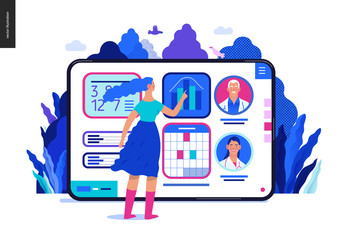 Medical insurance - medical application -modern flat vector concept digital illustration - female user managing the schedule in the hospital application on the tablet