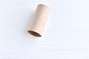 Cardboard sleeve from a roll of toilet paper with selective focus on neutral background. Out of toilet paper.  Recycled cardboard cylinder from toilet paper on white backdrop with empty space for text