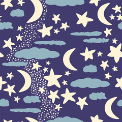 Moon, stars, clouds, dots at night sky. Vector seamless pattern. Kids and nursery design related to sleeping. .