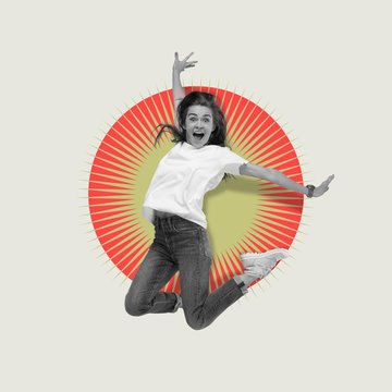 Emotions Of Happiness. Crazy Happy Woman Jumping On Grey Background. Negative Space To Insert Your Text. Modern Design. Contemporary Art. Creative Conceptual And Colorful Collage.