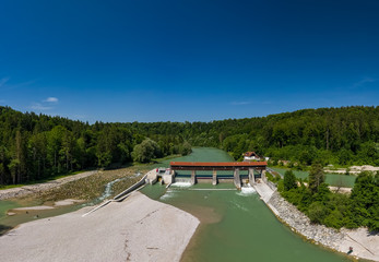 An aerial of the Isar river and one of its weirs in the south of Munich.