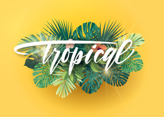 Green and yellow summer tropical background with exotic monstera palm leaves and hibiscus flowers. White handlettering with 3d effect. Vector floral illustration. - obrazy, fototapety, plakaty