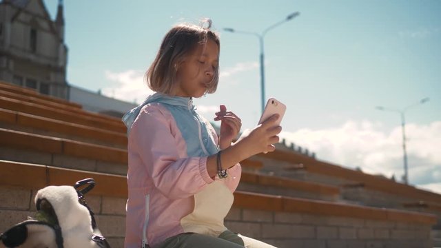 happy children back to school and making selfie. selfie of happy girl cheerful students. pretty little girls. school day of little girls