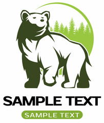 Vector bear image, bear with the forest landscape on background. Vector logo design elements.