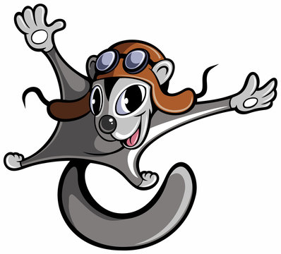 Cartoon style japanese dwarf flying squirrel with leather flying helmet, cartoon character.
