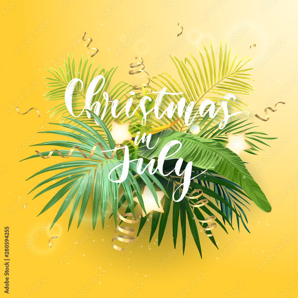 Wall mural Christmas on the summer beach design with green palm leaves, tropical flowers, xmas balls, decorative light bulbs and gold glowing stars, vector illustration.