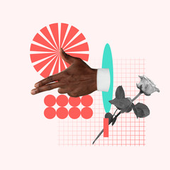 Taking a target. Male's hand with rose on pink background. Negative space to insert your text. Modern design. Contemporary art. Creative conceptual and colorful collage.